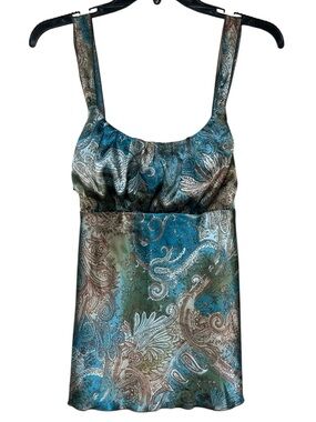 Self Esteem Y2K satin teal and brown paisley babydoll tank top tie back